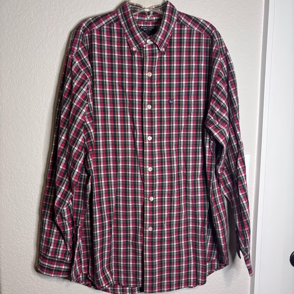 Ralph Lauren Jeans Co. Men's Red and Green Plaid Button-Down Shirt,‎ old money